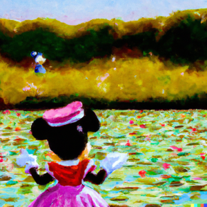 Ask DALL-E2 to draw an olive oil painting of Minnie Mouse looking at Monet's Water Lilies in Claude Monet's Impressionist style.