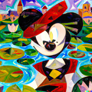 Ask DALL-E2 to draw an olive oil painting of Minnie Mouse looking at Monet's Water Lilies in Claude Monet's Impressionist style. Look at the picture and see what happens when you ask DALL-E2 to paint the same thing, only in the Cubist style of Braque.